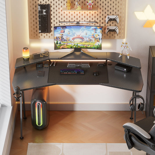 Wasait 59 inch Gaming Desk K Shaped Computer Gaming Desk with Monitor Stand PC Computer Desk Carbon Fiber Workstation Gaming Table with Headphone Hook & Cup Holder for Home Office