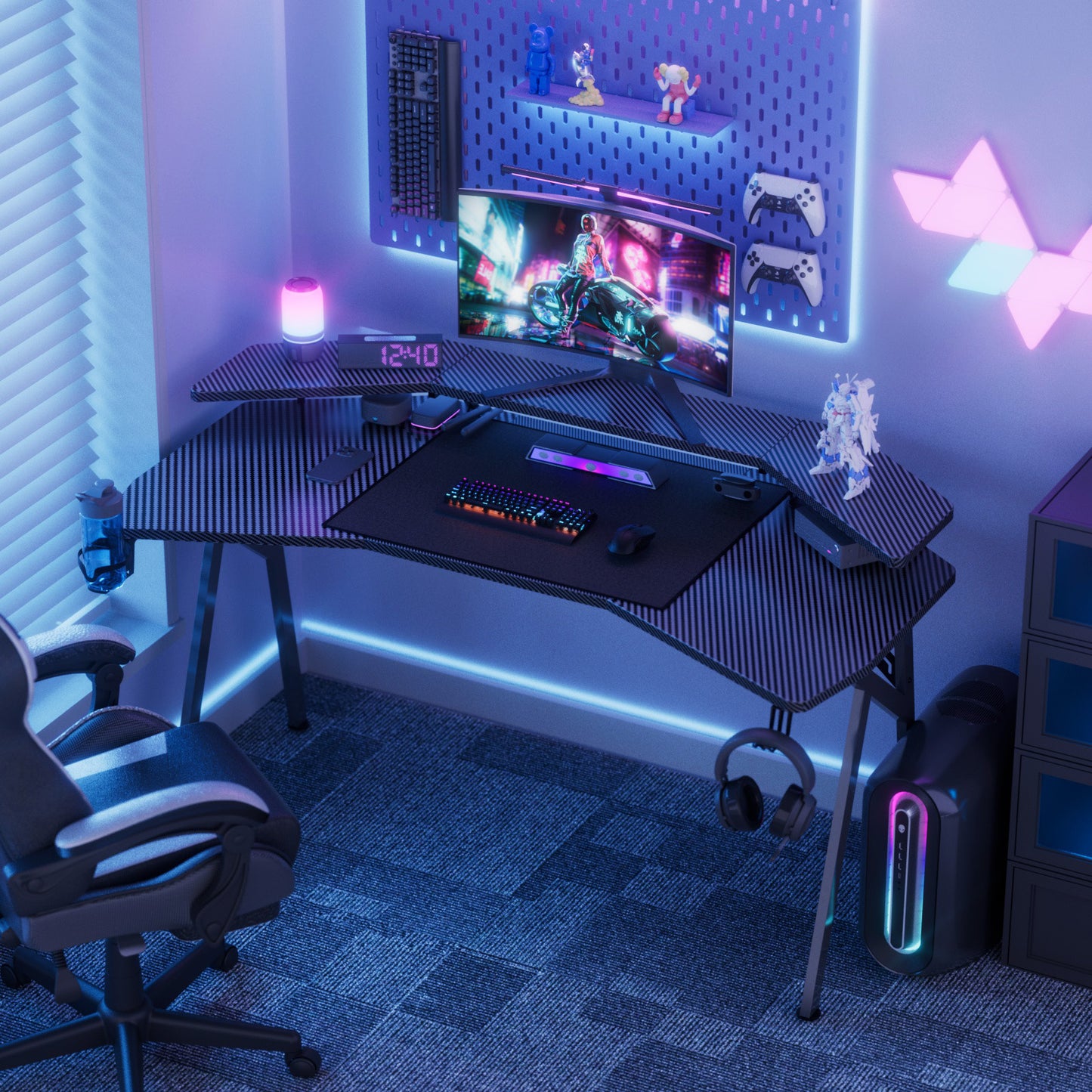 Wasait 59 inch Gaming Desk K Shaped Computer Gaming Desk with Monitor Stand PC Computer Desk Carbon Fiber Workstation Gaming Table with Headphone Hook & Cup Holder for Home Office