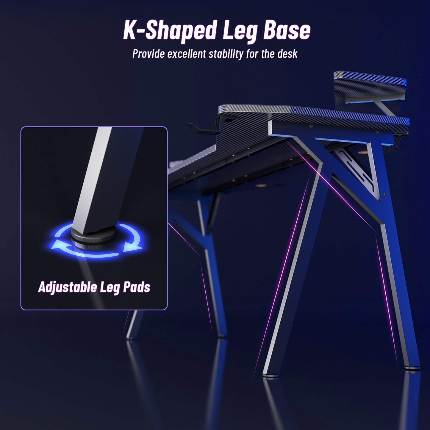 Wasait 59 inch Gaming Desk K Shaped Computer Gaming Desk with Monitor Stand PC Computer Desk Carbon Fiber Workstation Gaming Table with Headphone Hook & Cup Holder for Home Office