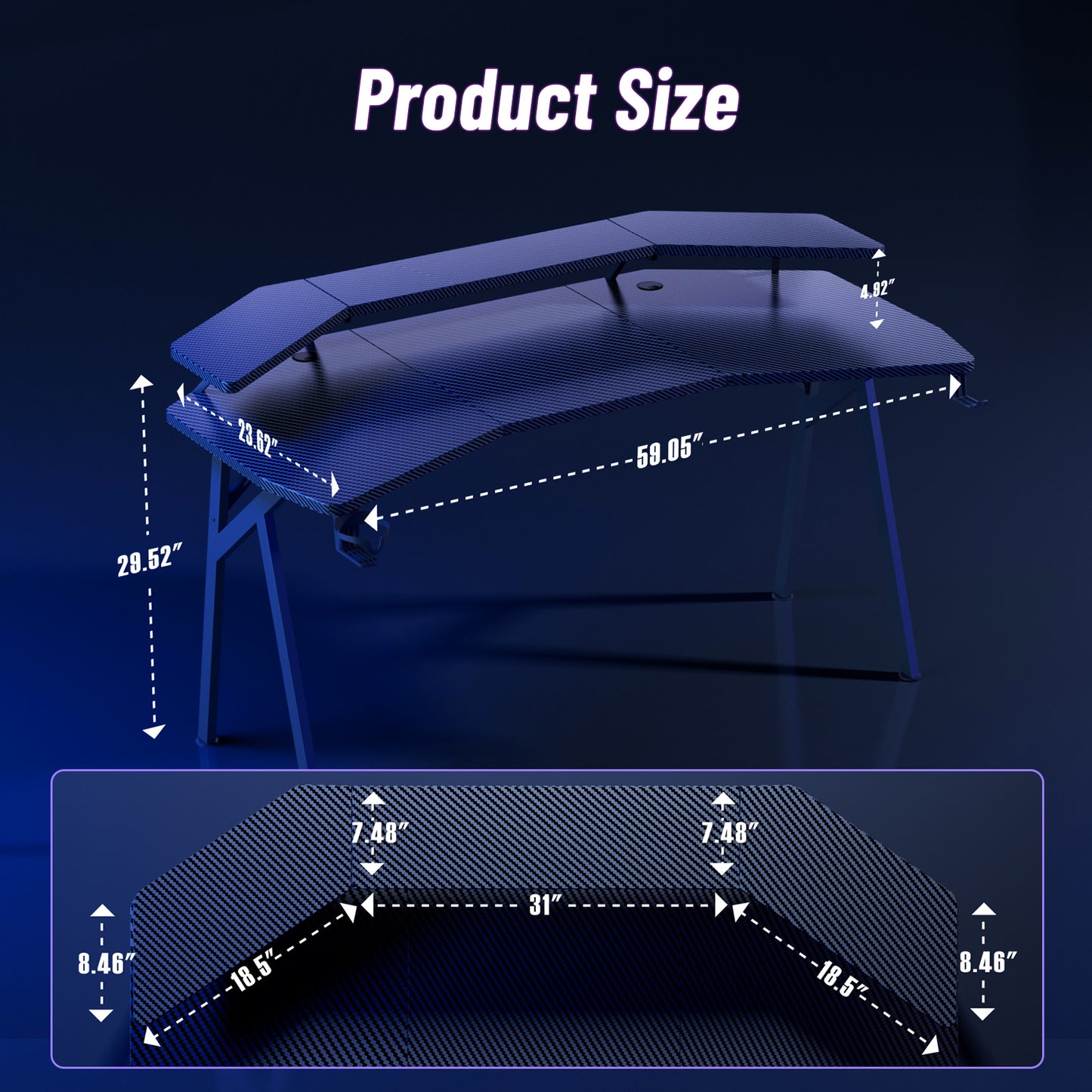 Wasait 59 inch Gaming Desk K Shaped Computer Gaming Desk with Monitor Stand PC Computer Desk Carbon Fiber Workstation Gaming Table with Headphone Hook & Cup Holder for Home Office