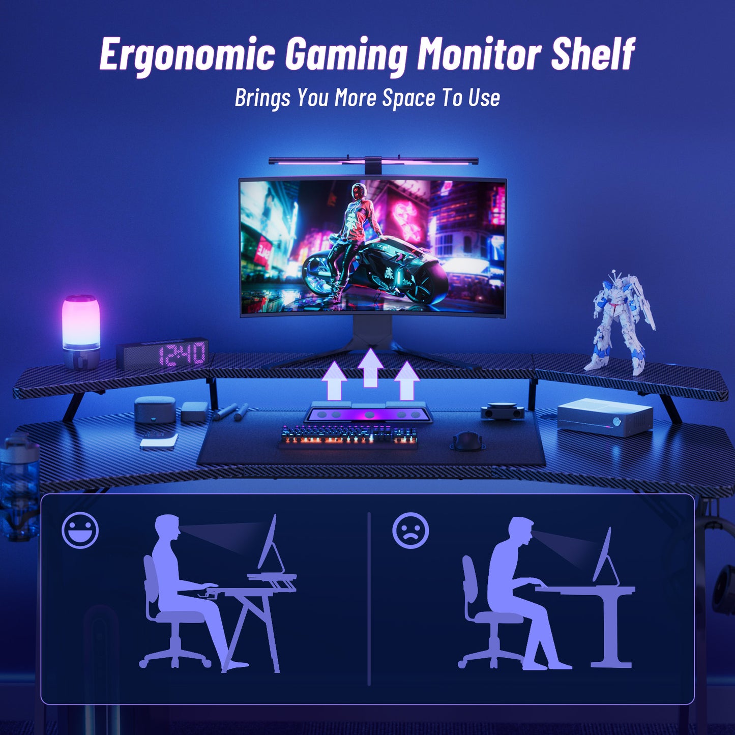 Wasait 59 inch Gaming Desk K Shaped Computer Gaming Desk with Monitor Stand PC Computer Desk Carbon Fiber Workstation Gaming Table with Headphone Hook & Cup Holder for Home Office