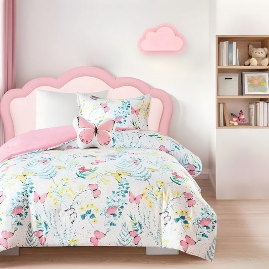 Wasait Colorful Butterfly Bedding Set for Girls Twin Size Comforter Set with Pink Love and Star Patterns, Perfect for Kids