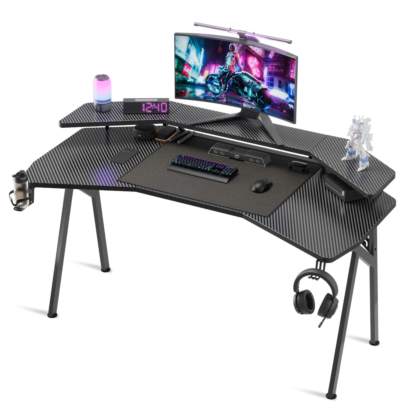 Wasait 59 inch Gaming Desk K Shaped Computer Gaming Desk with Monitor Stand PC Computer Desk Carbon Fiber Workstation Gaming Table with Headphone Hook & Cup Holder for Home Office