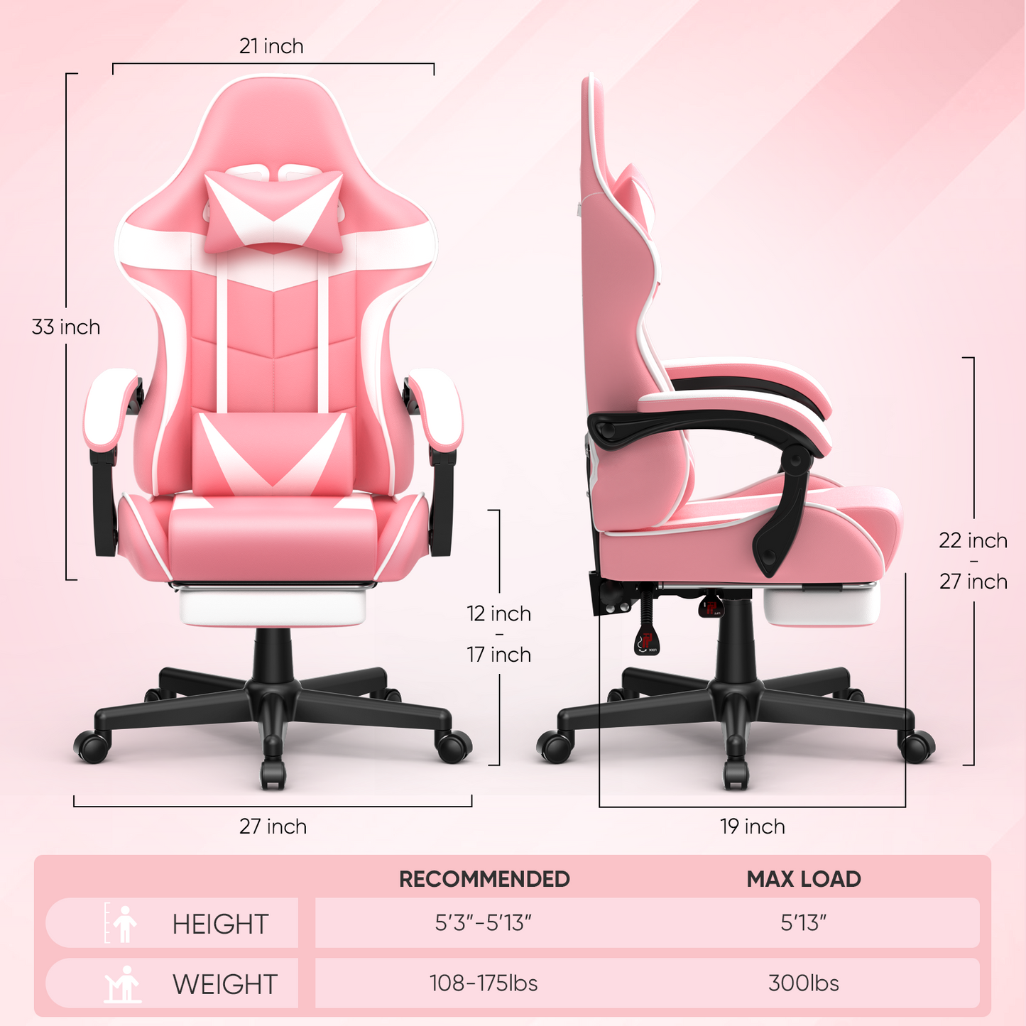 Wasait Gaming Chair with Footrest Adjustable Height Office Chair Ergonomic Computer Chair with Massage Lumbar Support Bunny Ears Video Gamer Chair for Adults,Pink