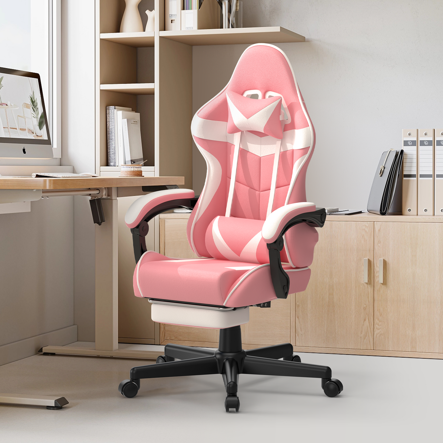 Wasait Gaming Chair with Footrest Adjustable Height Office Chair Ergonomic Computer Chair with Massage Lumbar Support Bunny Ears Video Gamer Chair for Adults,Pink