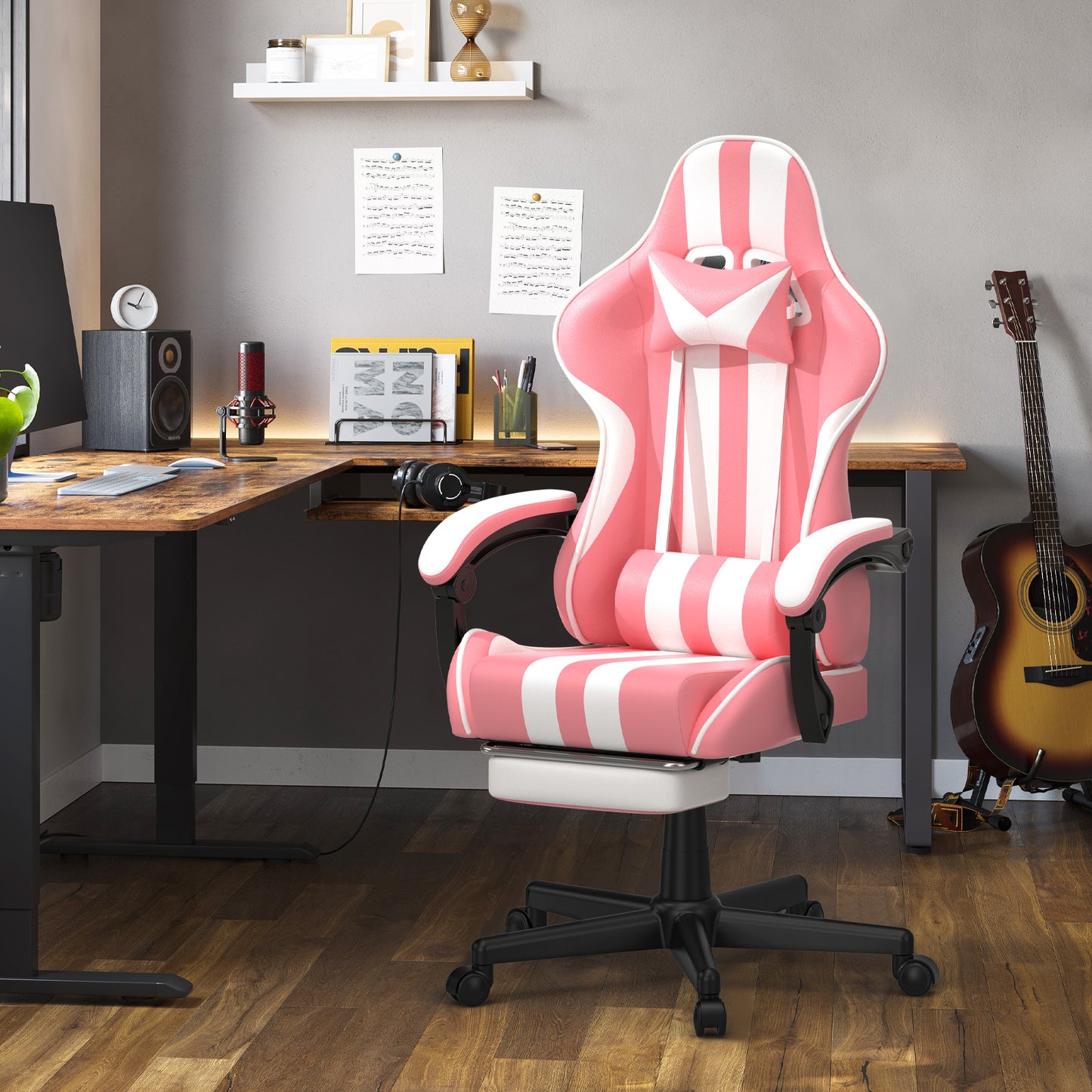 Wasait Pink Gaming Chair with Footrest Office Chair with Lumbar Support and Headrest Ergonomic High Adjustable Computer Chair for Home Office PU Leather Gamer Chair for Adlut