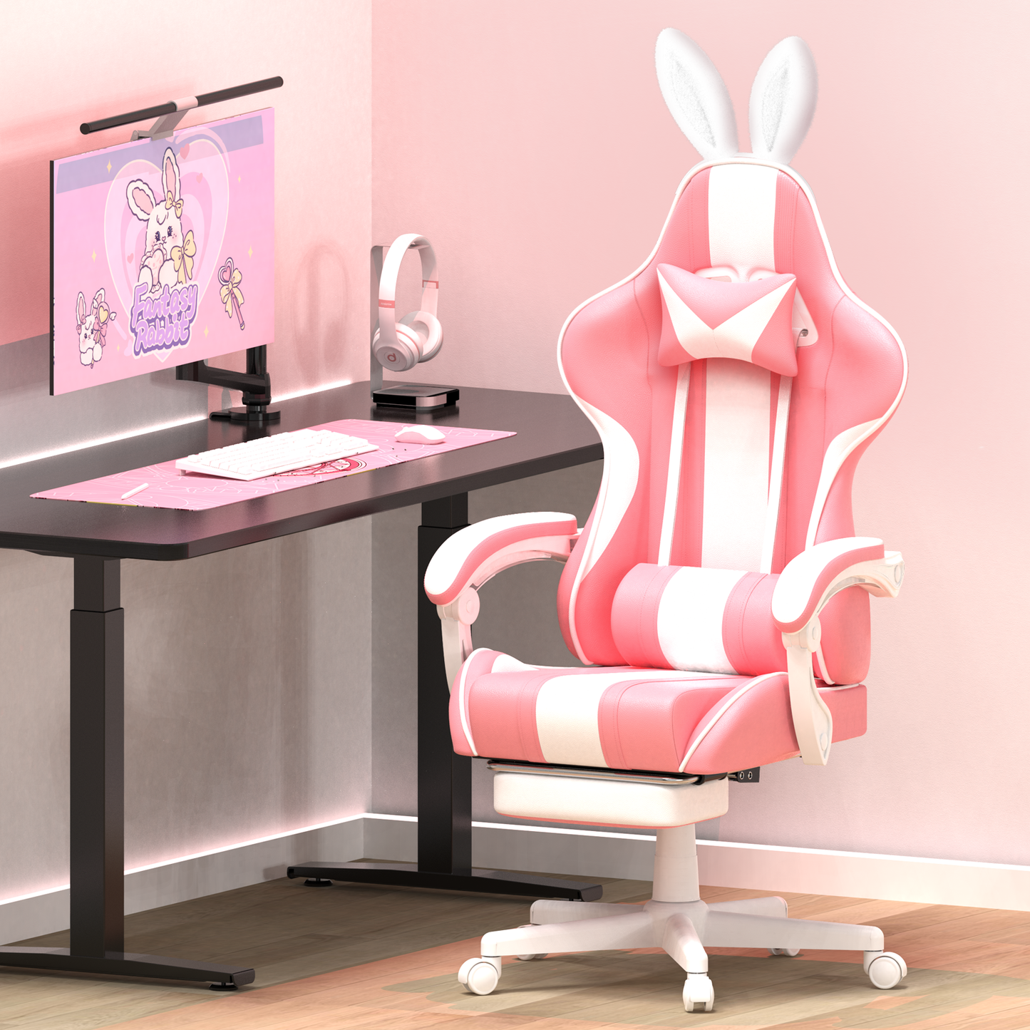 Wasait Pink Gaming Chair with Footrest Height Adjustable Office Chair with Headrest and Massage Lumbar Support Ergonomic Computer Chair with Bunny Ears Gaming Chair for Adults Teens