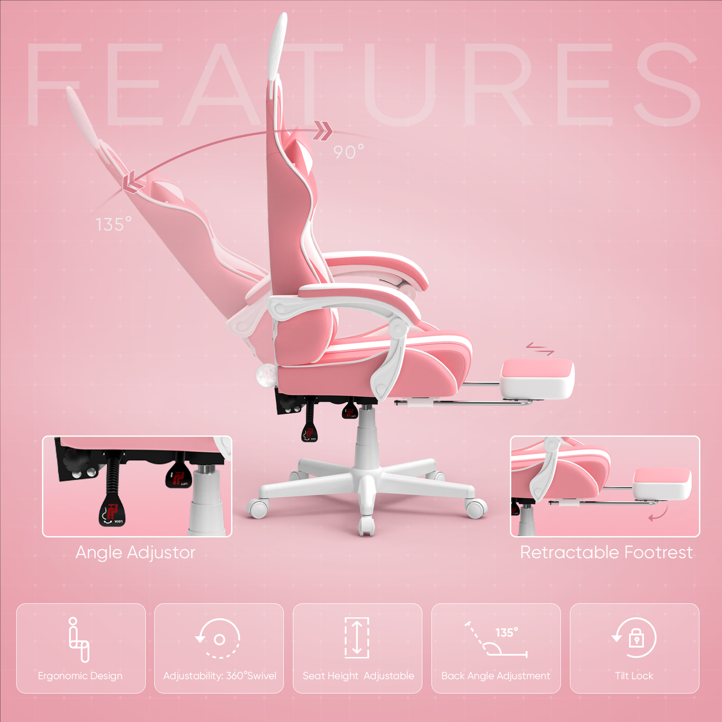 Wasait Pink Gaming Chair with Footrest Height Adjustable Office Chair with Headrest and Massage Lumbar Support Ergonomic Computer Chair with Bunny Ears Gaming Chair for Adults Teens