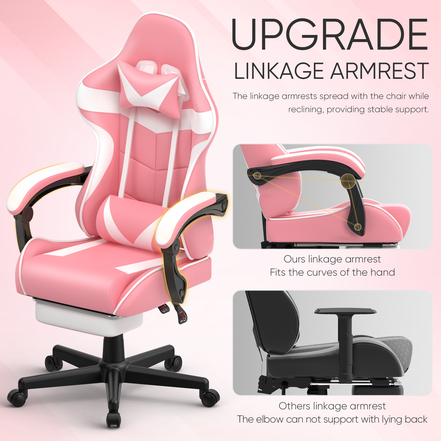 Wasait Gaming Chair with Footrest Adjustable Height Office Chair Ergonomic Computer Chair with Massage Lumbar Support Bunny Ears Video Gamer Chair for Adults,Pink