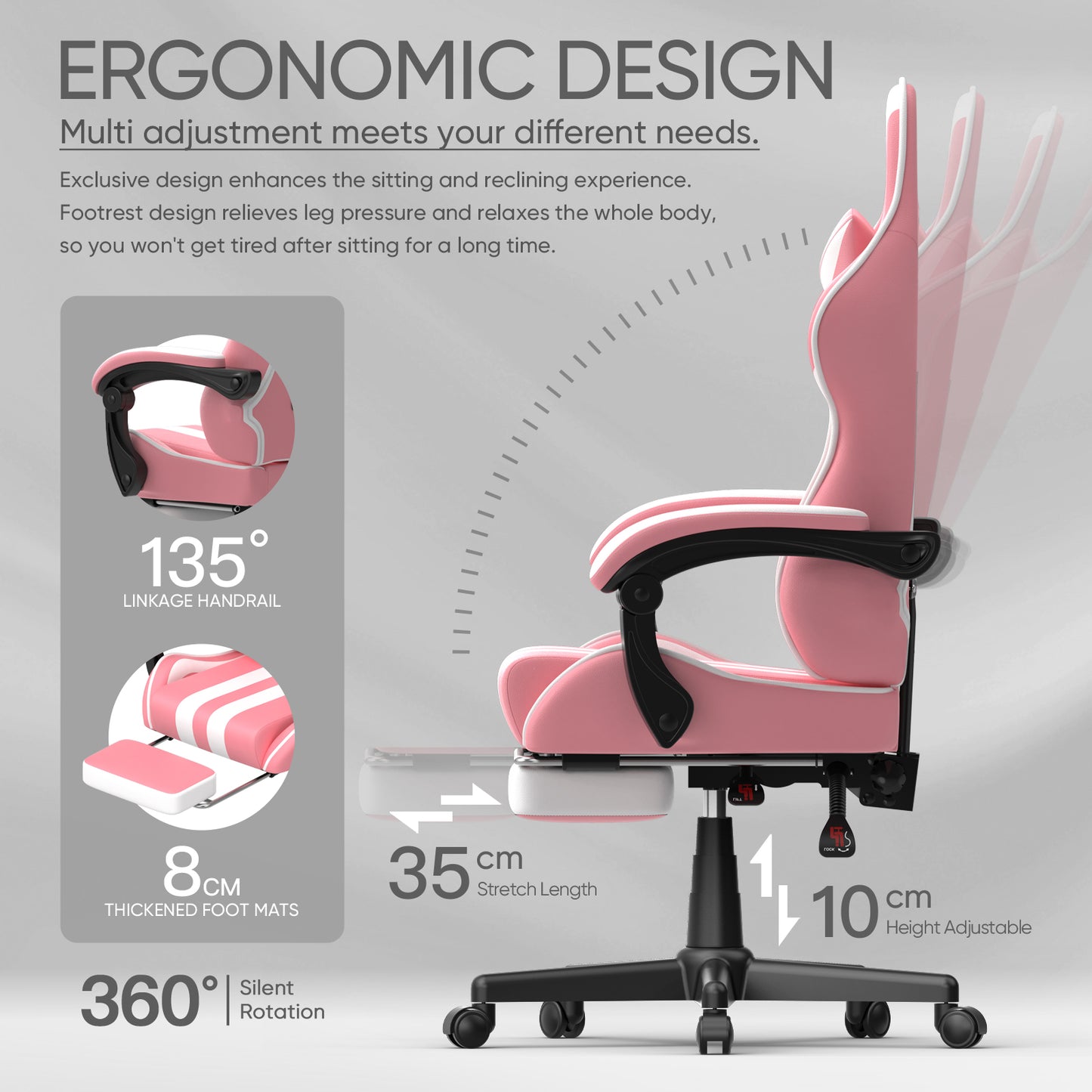 Wasait Pink Gaming Chair with Footrest Office Chair with Lumbar Support and Headrest Ergonomic High Adjustable Computer Chair for Home Office PU Leather Gamer Chair for Adlut