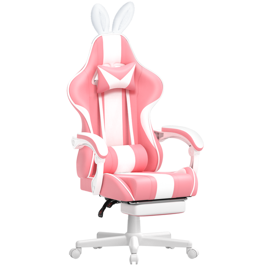 Wasait Pink Gaming Chair with Footrest Height Adjustable Office Chair with Headrest and Massage Lumbar Support Ergonomic Computer Chair with Bunny Ears Gaming Chair for Adults Teens