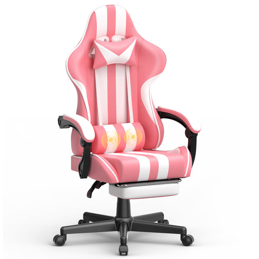Wasait Pink Gaming Chair with Footrest Office Chair with Lumbar Support and Headrest Ergonomic High Adjustable Computer Chair for Home Office PU Leather Gamer Chair for Adlut